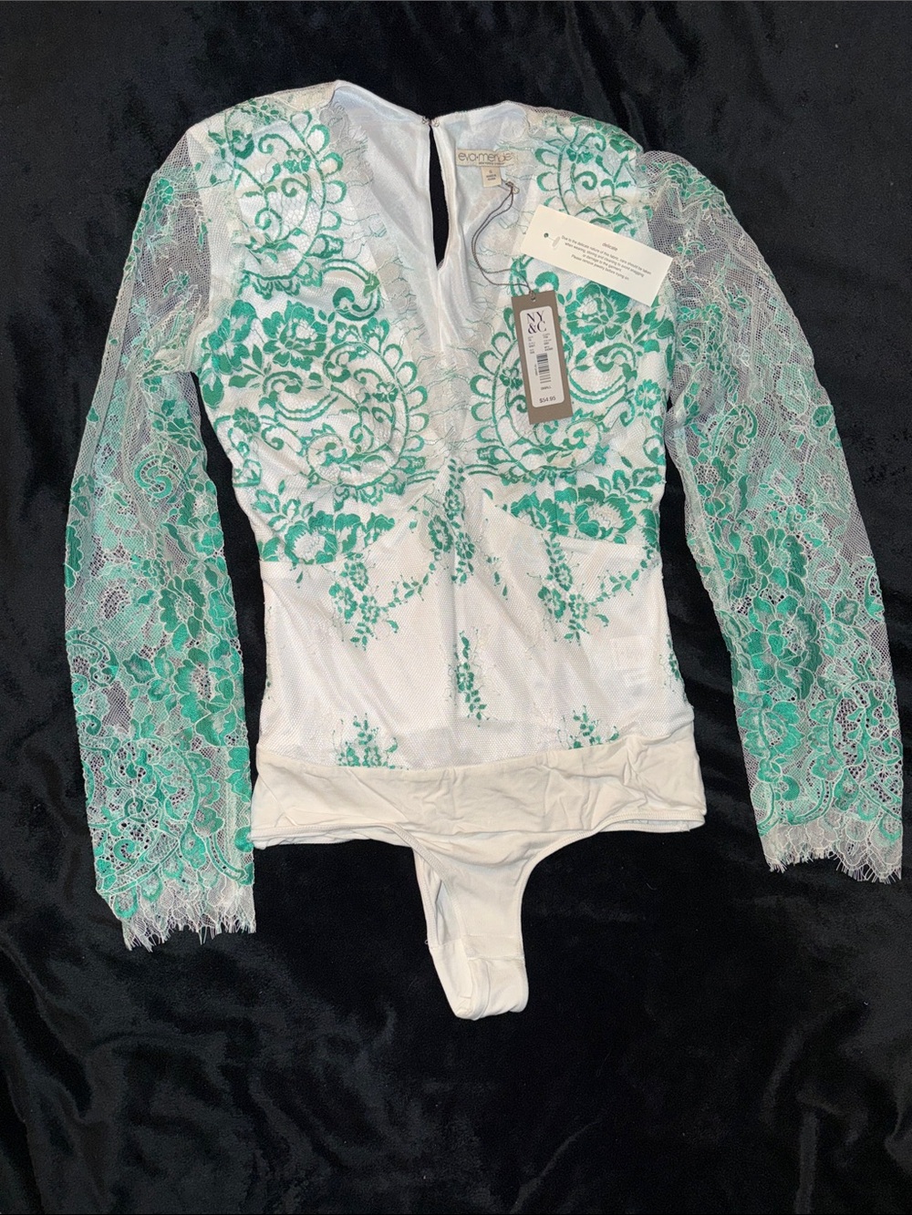eva mendes for New York & Company White Lace Bodysuit with Aquamarine Embroidery